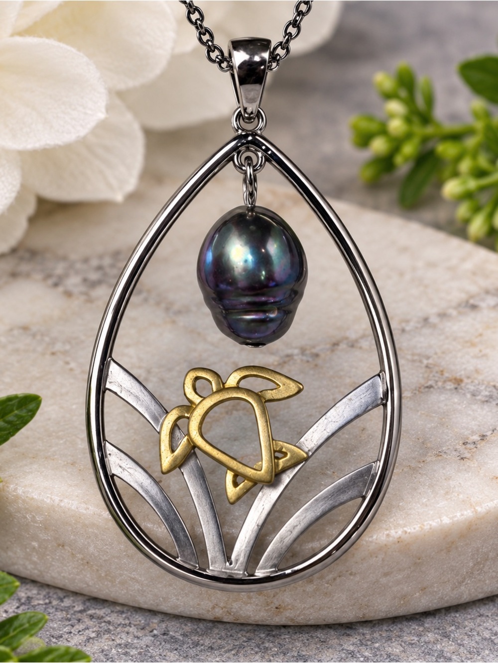 Black Pearl Set in Teardrop 2 Tone Pendant With Chain